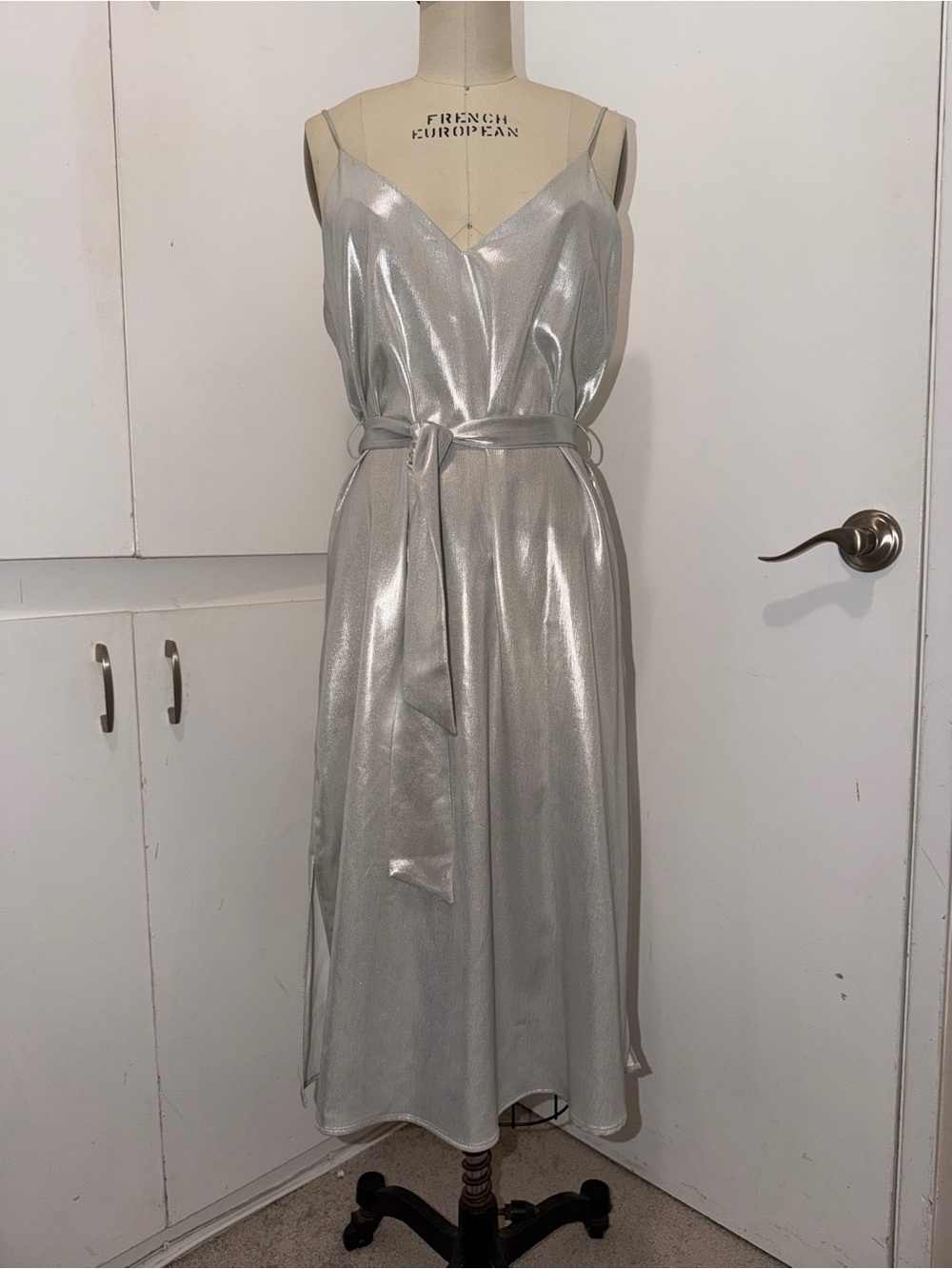 ZARA - Metallic Silver Slip Midi Dress with Waist Tie